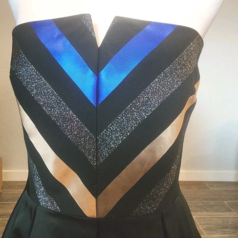 Shoshanna Fit and Flare Strapless Dress Womens 10 Black Gold‎ Blue Chevron NEW